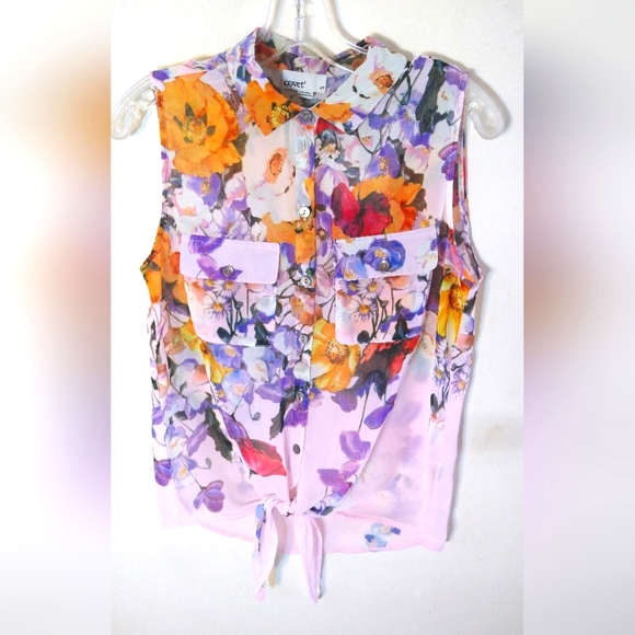 COVET WOMEN'S/MISSES SIZE SP SEMI SHEER SLEEVELESS TOP VIBRANT FLORAL BUTTON UP - Picture 1 of 8